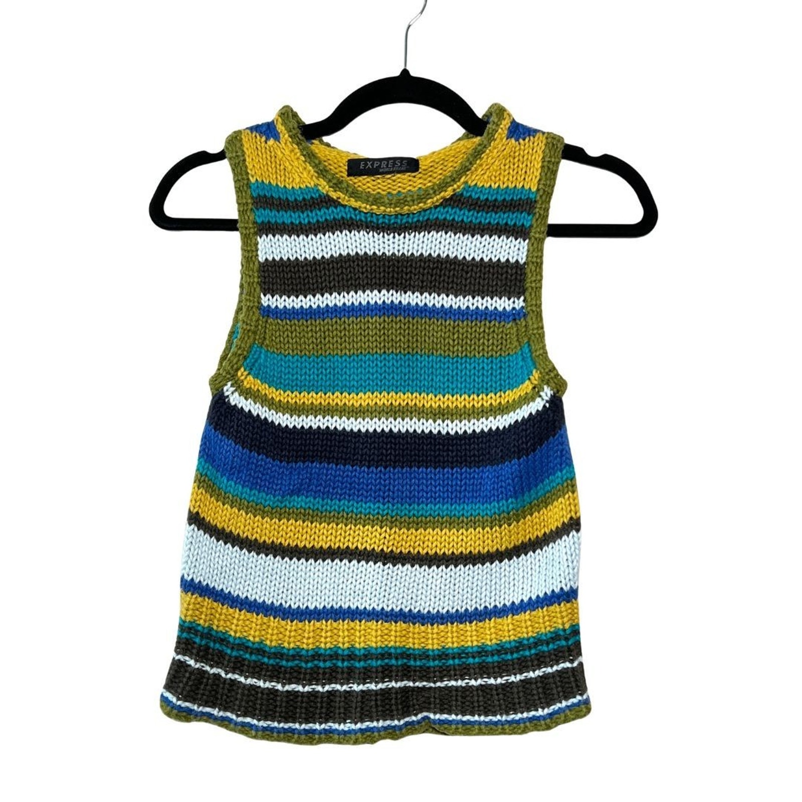 Express Y2k Crochet Knit Top Striped Blue Boho Sweater Vest 90s Baby Tank